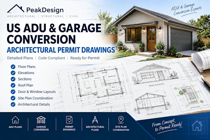 create US adu and garage conversion architectural permit drawings