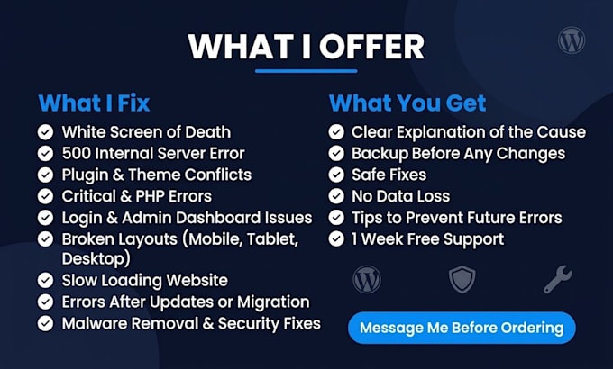 fix wordpress errors, white screen, 500 error, plugin conflicts