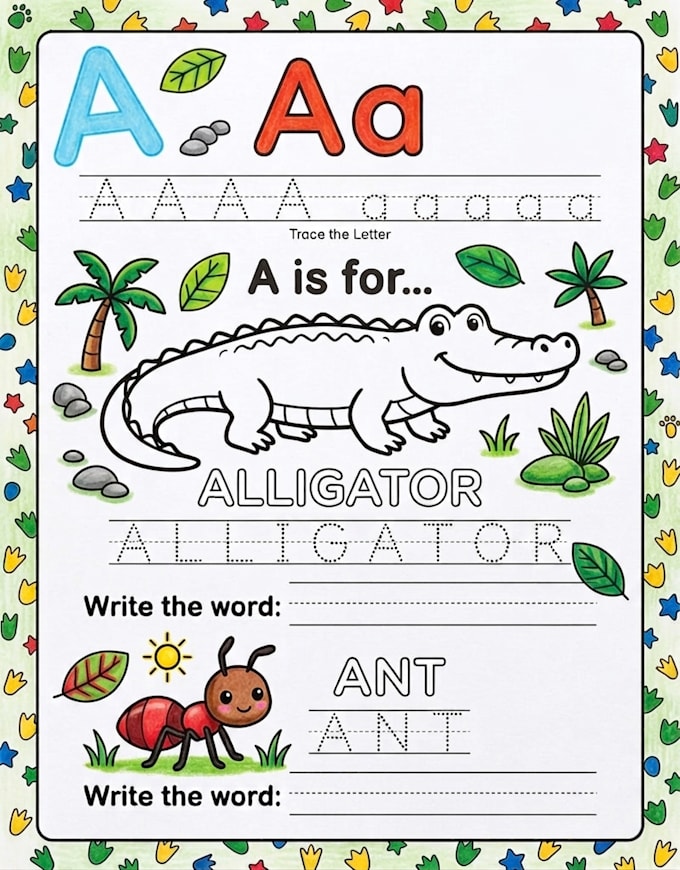 create printable kids activity workbook and tracing worksheets for KDP