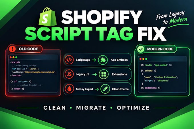 fix shopify scripttags theme code app embeds and remove legacy scripts