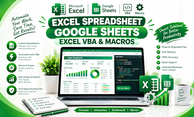 do excel spreadsheet, excel vba, excel macros, dashboard, google sheets