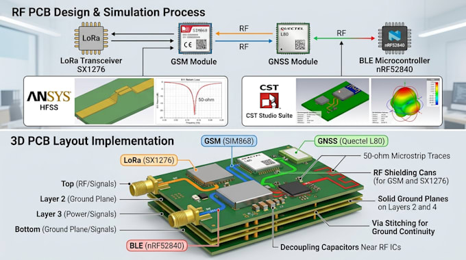 do rf pcb design for GSM, gnss, lora, ble using sx1276, sim868, mc60