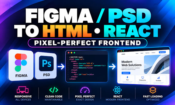 convert figma PSD to HTML, react website, responsive frontend development