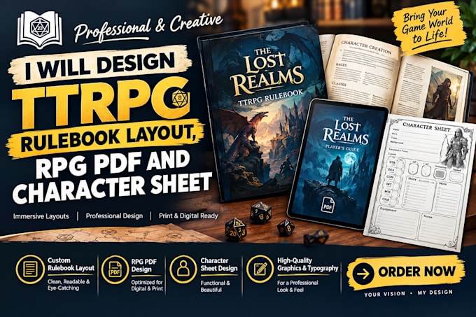 design ttrpg rulebook layout, rpg pdf and character sheet