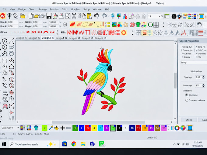 create a vvip custom parrot embroidery design in wilcom