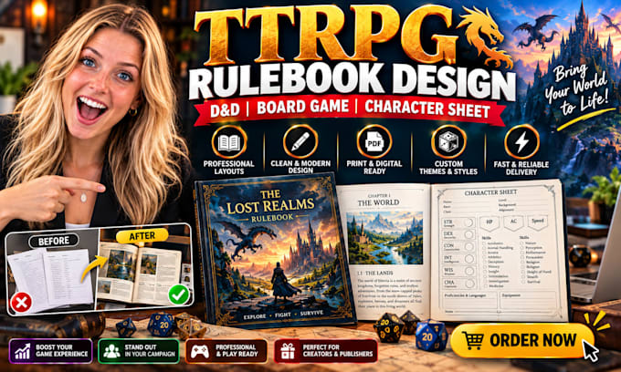 design ttrpg rulebook layout board game character sheet pdf formatting