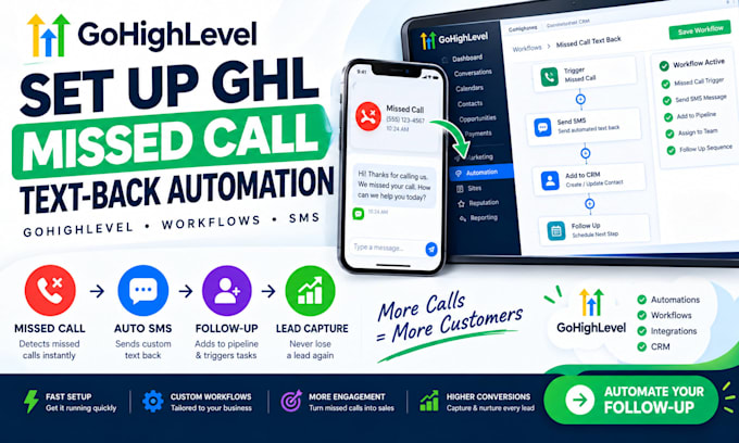 setup gohighlevel missed call text back automation and ghl workflow