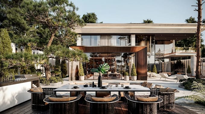 3d modern villa house,outdoor lounge,front yard design,greenery,cgi pool render