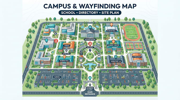 create campus map, school wayfinding map, directory map and site plan