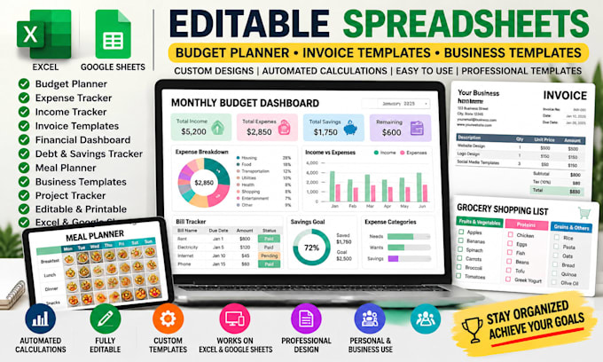 design editable excel, google sheets, budget spreadsheet and invoice templates