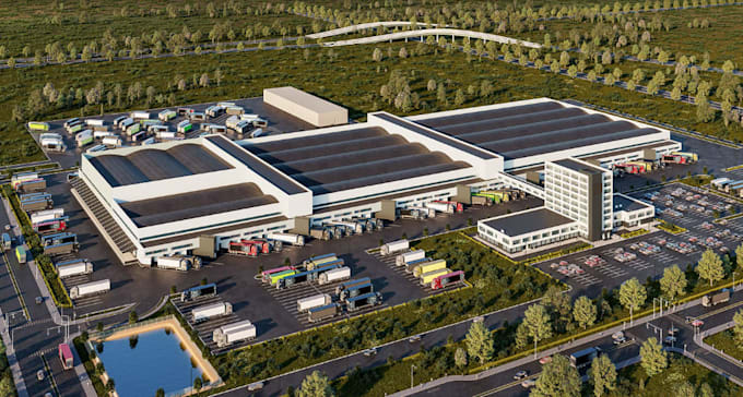design 3d warehouse facility, factory logistics center masterplan with 3d render