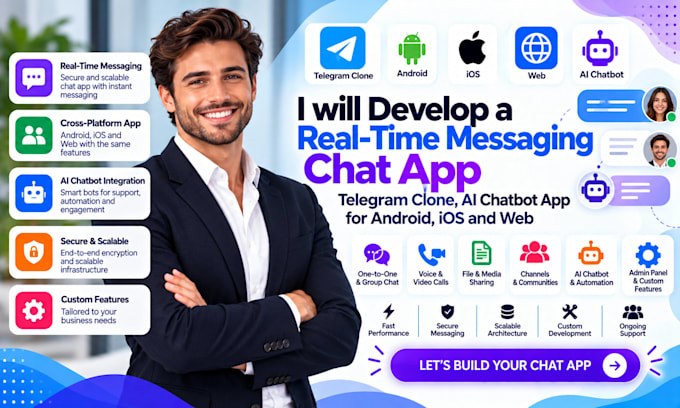 develop real time messaging chat app telegram clone chatbot app android ios web