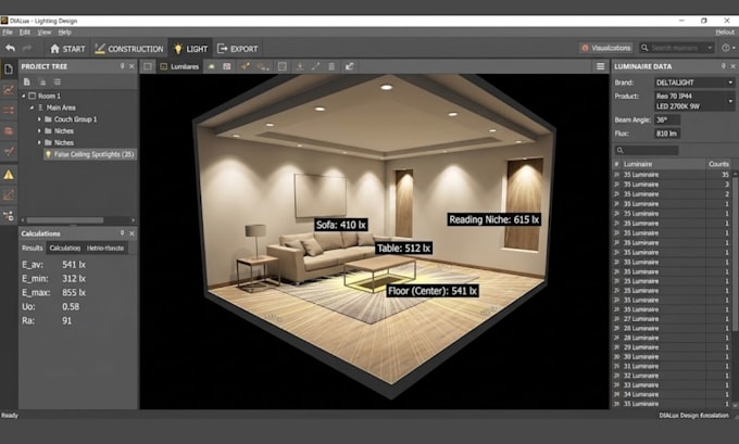 design interior and exterior lighting using dialux calculation with photometric