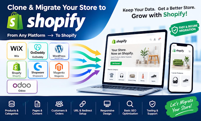 clone migrate wix to wordpress shopware magento odoo godaddy to shopify store