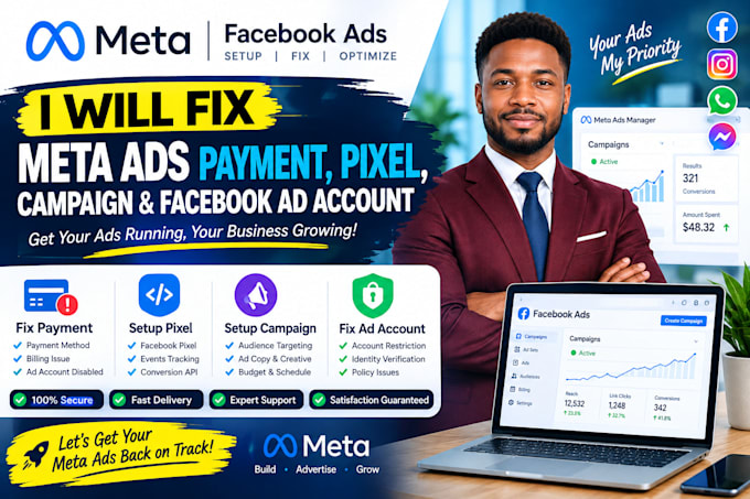 fix meta ads payment, pixel, campaign and facebook ad account