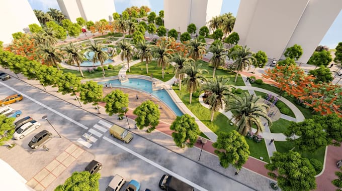 render 3d urban park master plan,vray landscape site layout,courtyard design,dwg