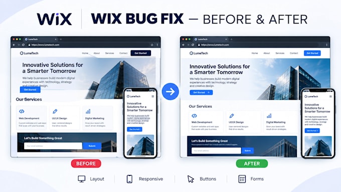 fix wix website bugs, errors, broken layouts and mobile issues