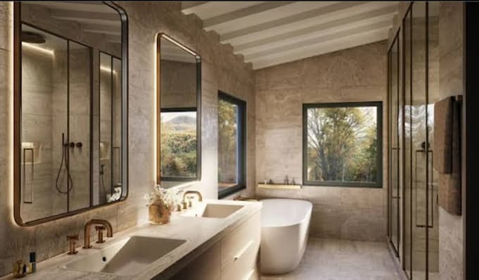 design bathroom with floor plans, vanity cabinetry elevations, sections