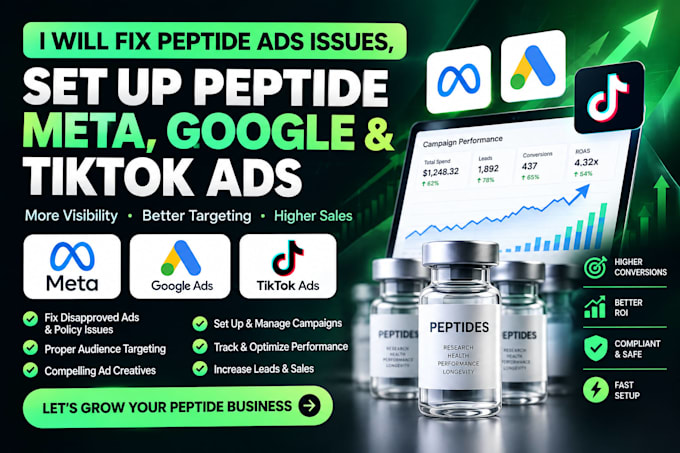fix peptide ads issues, setup peptide meta, google and tiktok ads
