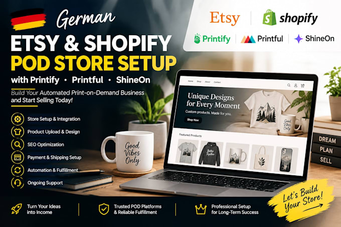 setup german automated etsy shopify pod store with printify printful shineon
