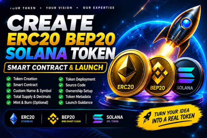 create erc20 bep20 solana token, smart contract and launch
