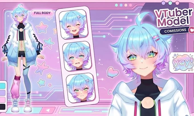 design live2d vtuber model, vtuber rigging, 2d vtuber model, vtuber commission