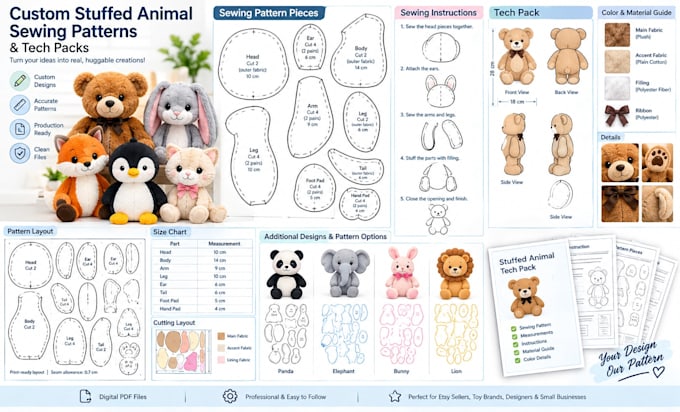 create custom stuffed animal sewing patterns, plush toy patterns and tech packs