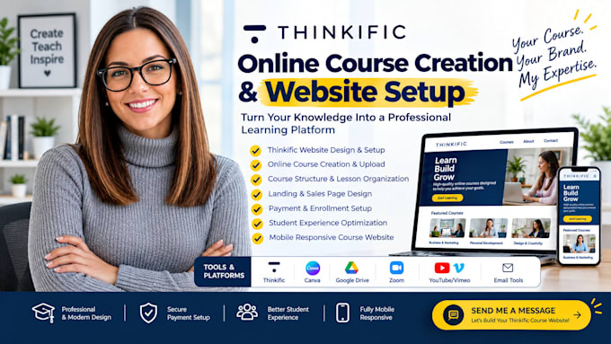 build a thinkific website, online course creation and setup services