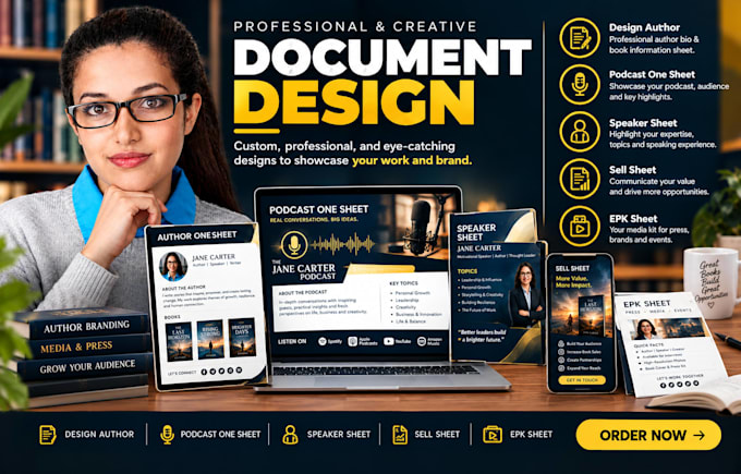 design author one sheet, podcast one sheet, speaker sheet, sell sheet, epk sheet