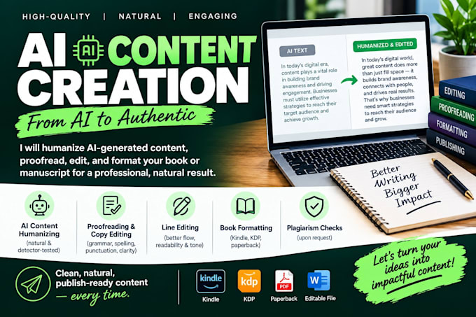 humanize ai content, book editing, proofreading, formatting and copy editing