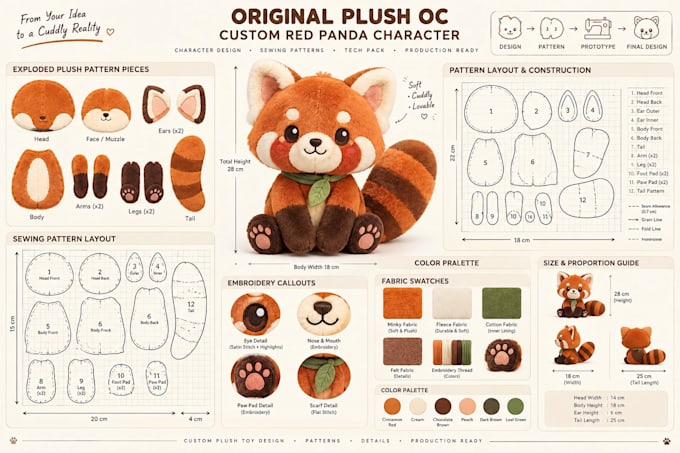 design plush sewing pattern tech pack, animal stuffed toy ready for production