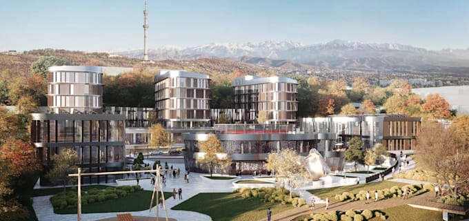 3d sustainable public space render, urban development, parametric facade design