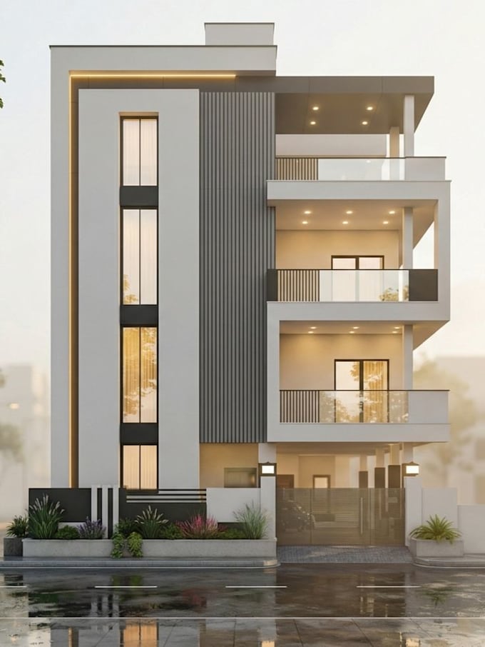 create a modern house facade exterior design and realistic 3d render