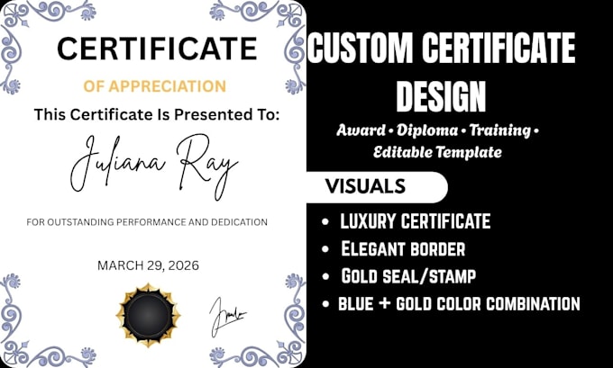 design custom certificate, award, diploma and editable certificate template