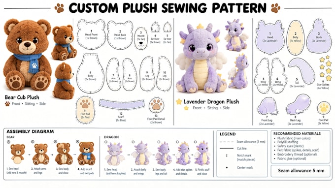 stuffed toy prototype spec sheet with plush pattern pieces and sewing guide