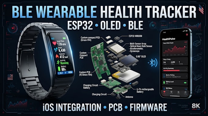ble enabled wearable prototype, health tracker using esp32, oled,ios integration
