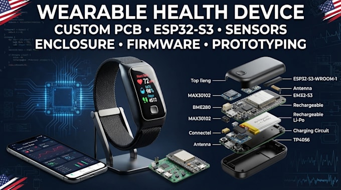 develop wearable health device with pcb, enclosure, sensors firmware esp32 s3
