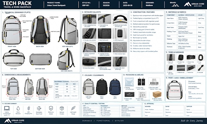 create handbag tech pack for luxury leather purses with measurements, ready