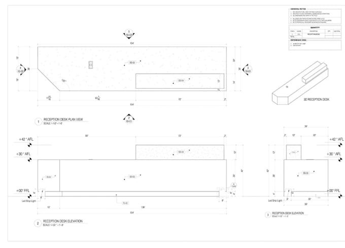 draft reception counter technical drawing, bespoke office furniture cad design