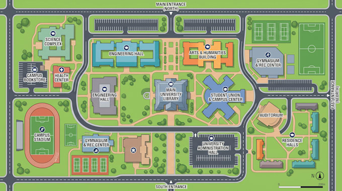 create 2d school, university, campus, wayfinding and location maps