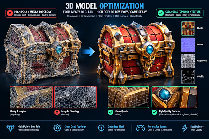 do professional 3d retopology, clean quad topology and game ready optimization