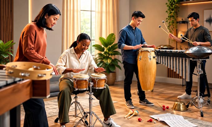 record live percussion, bongo, conga, vibraphone and steelpan