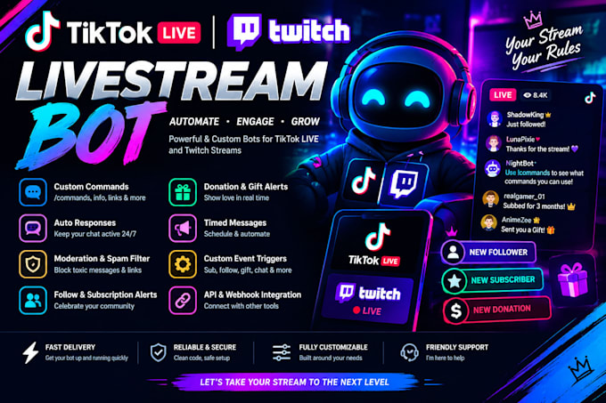 create a tiktok live bot, twitch bot, livestream automation bot