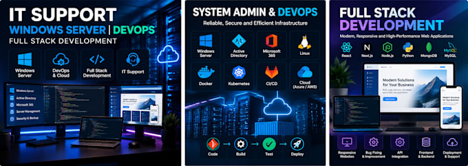 provide IT support, windows server, devops and full stack development