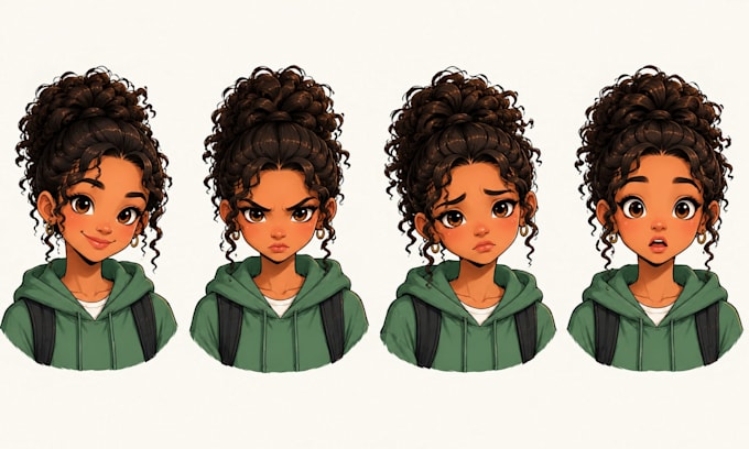draw a hand drawn character turnaround, poses and expression sheet