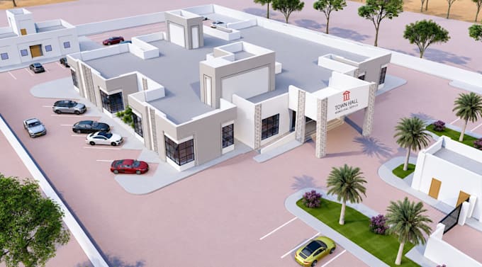 create photorealistic 3d commercial building facade exterior rendering