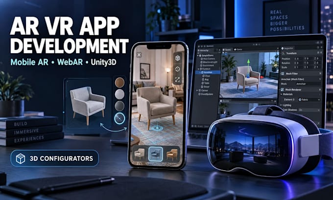 develop VR ar apps, mobile vrar apps, webar and 3d configurators in unity3d