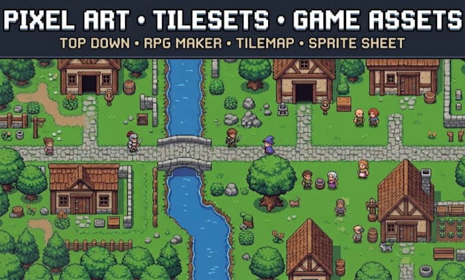 do pixel art topdown rpg maker tileset background, environment game art