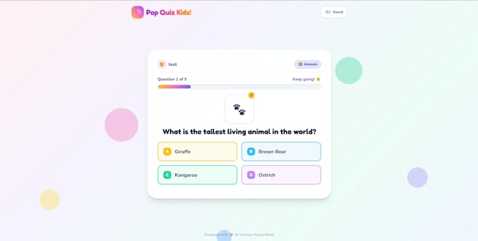 develop a unique interactive educational quiz game for kids