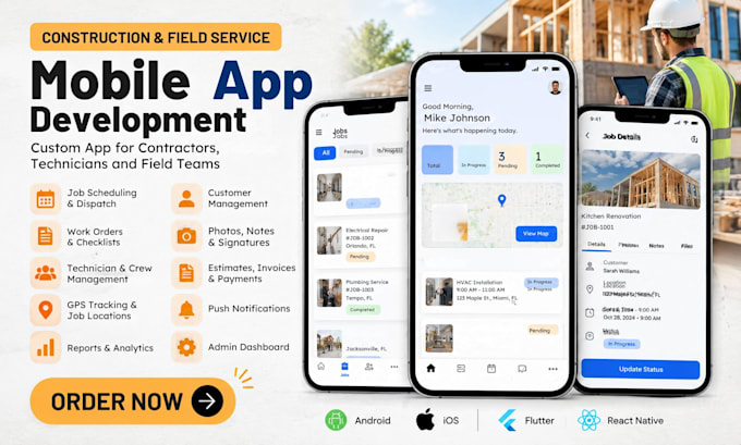 develop construction contractor field service job tracking technician mobile app